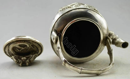Collectible Decor Old Handwork Miao Silver Carved Dragon Bamboo TeaPot