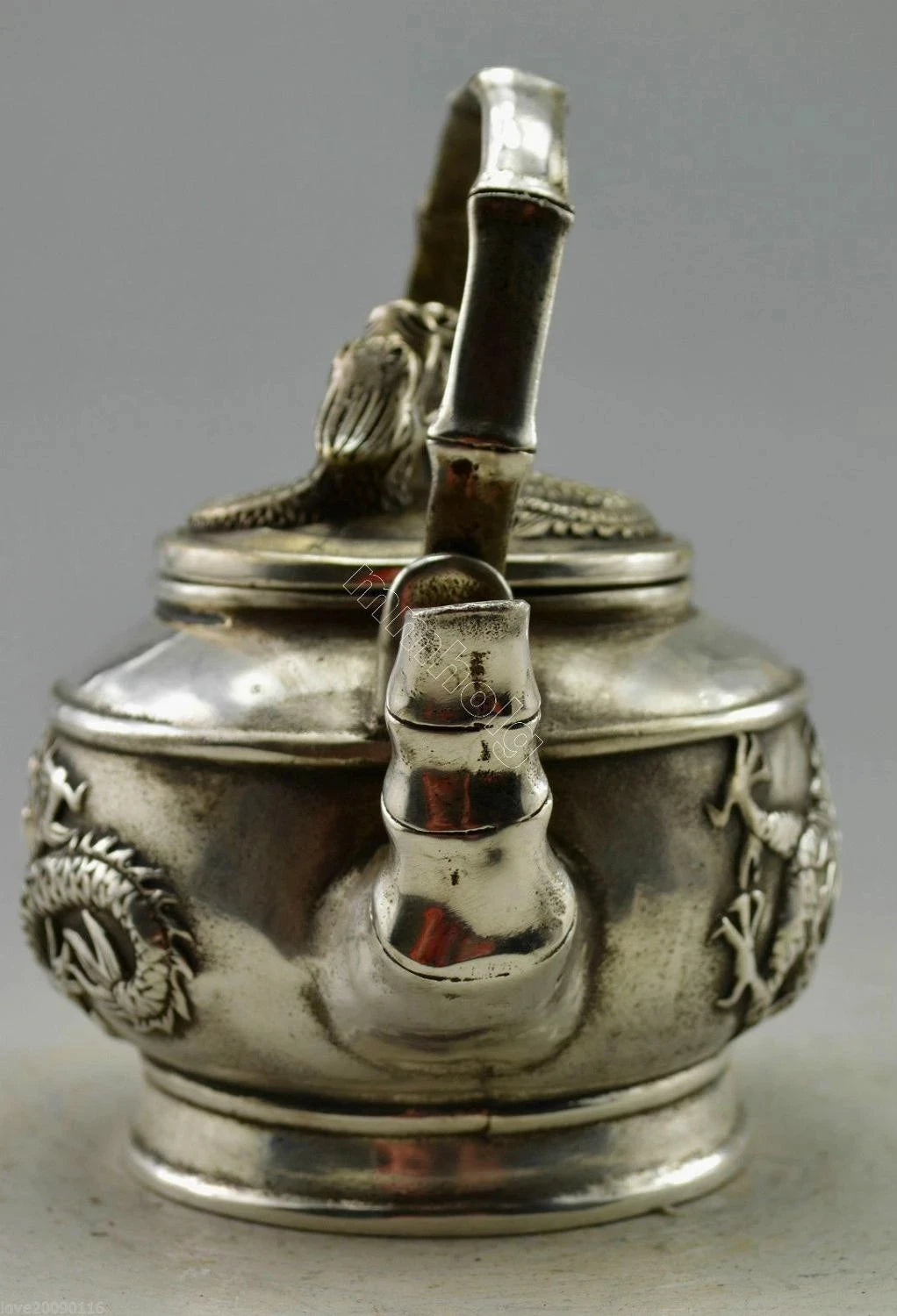 Collectible Decor Old Handwork Miao Silver Carved Dragon Bamboo TeaPot