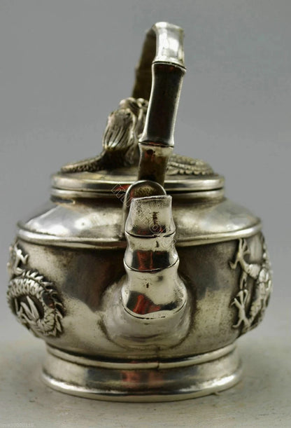 Collectible Decor Old Handwork Miao Silver Carved Dragon Bamboo TeaPot
