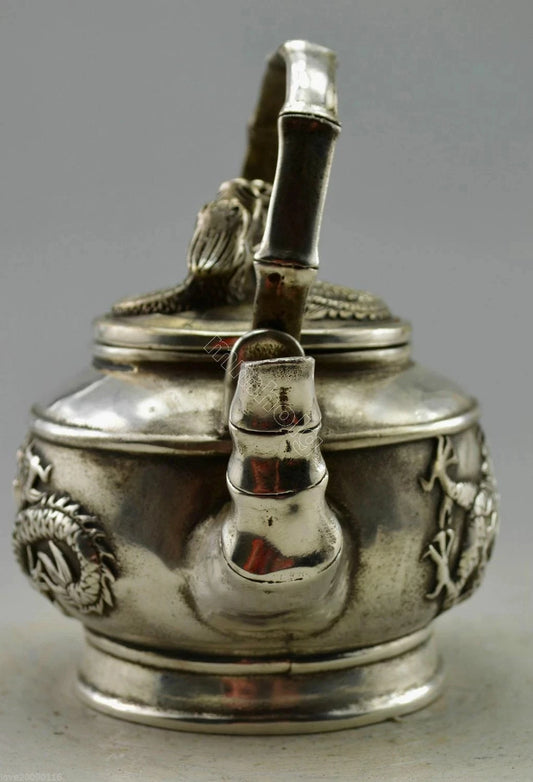 Collectible Decor Old Handwork Miao Silver Carved Dragon Bamboo TeaPot