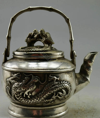 Collectible Decor Old Handwork Miao Silver Carved Dragon Bamboo TeaPot