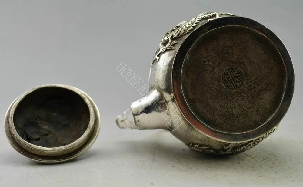 Collectible Decor Old Handwork Miao Silver Carved Dragon Bamboo TeaPot