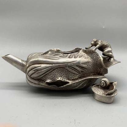 Collectible Decorated Handwork Tibet Silver Carved Frog Cabbage TeaPot