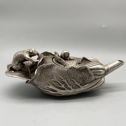 Collectible Decorated Handwork Tibet Silver Carved Frog Cabbage TeaPot