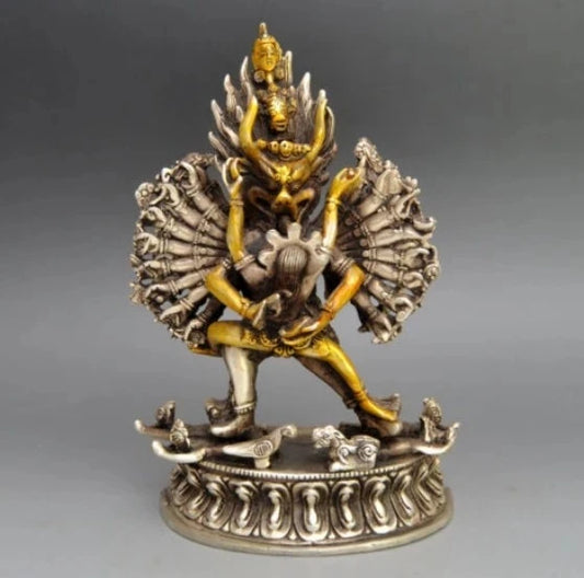 Collectible Decorated Old Handwork Tibet Silver Carved Yamantaka Buddha Statue #2