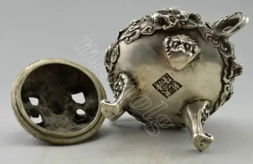 Collectible Decorated Old Tibet Silver Carved Dragon Play Ball Incense Burner Garden Decoration 100% Tibetan silver Bronze