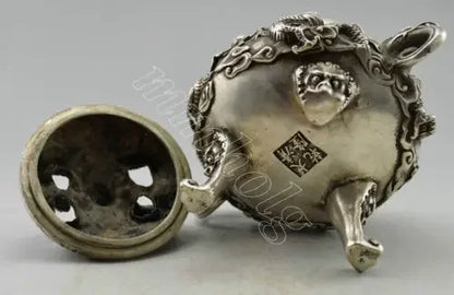 Collectible Decorated Old Tibet Silver Carved Dragon Play Ball Incense Burner Garden Decoration 100% Tibetan silver Bronze