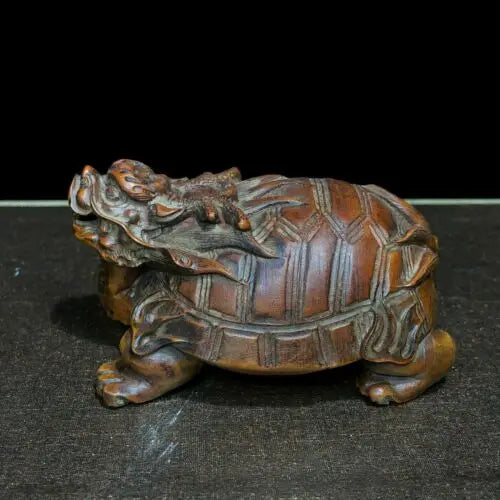 Collectible Old Boxwood Japanese Netsuke Wealth Dragon Turtle Vintage Statue