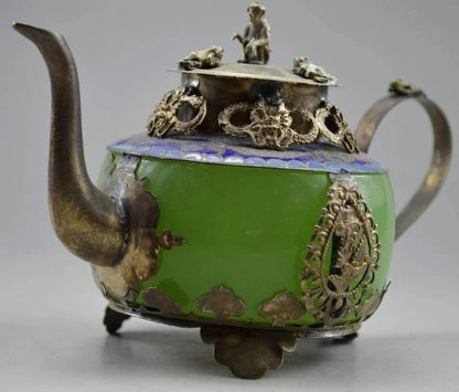 Collectible Old Handwork Green Jade & Tibet Silver Dragon Teapot Monkey Lid