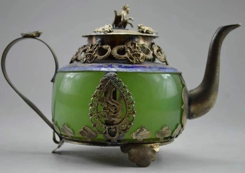 Collectible Old Handwork Green Jade & Tibet Silver Dragon Teapot Monkey Lid
