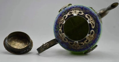 Collectible Old Handwork Green Jade & Tibet Silver Dragon Teapot Monkey Lid