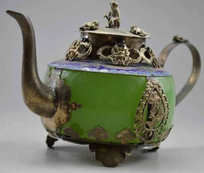 Collectible Old Handwork Green Jade & Tibet Silver Dragon Teapot Monkey Lid