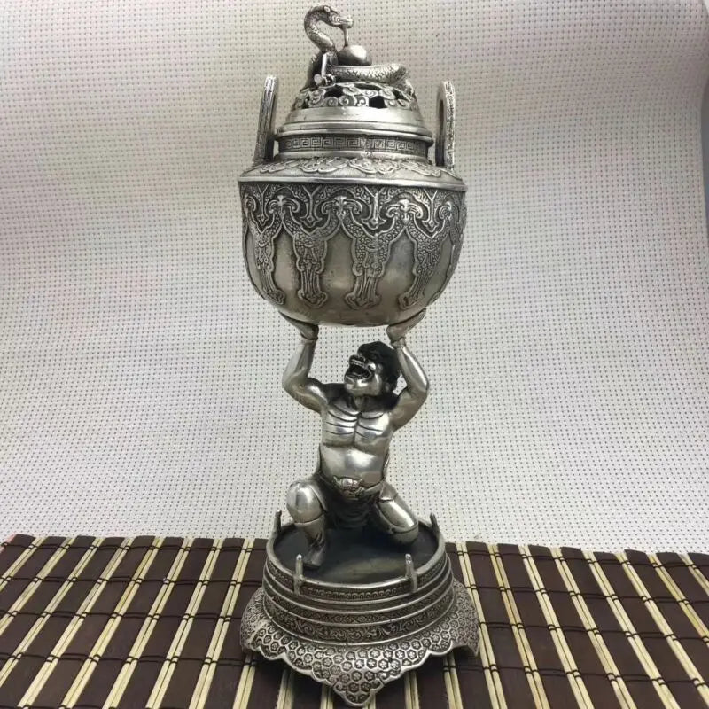 Collectible Old Handwork Silver Plate Copper Hercules Held Dragon Incense Burner