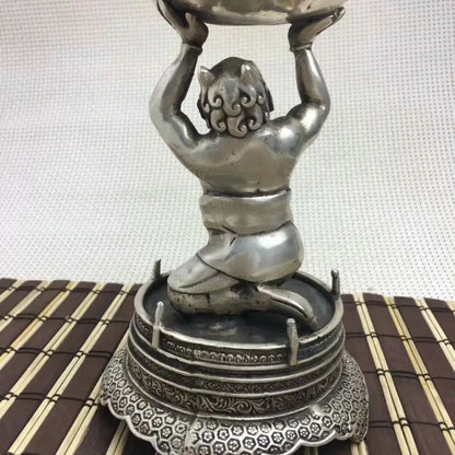 Collectible Old Handwork Silver Plate Copper Hercules Held Dragon Incense Burner