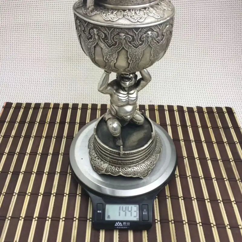 Collectible Old Handwork Silver Plate Copper Hercules Held Dragon Incense Burner