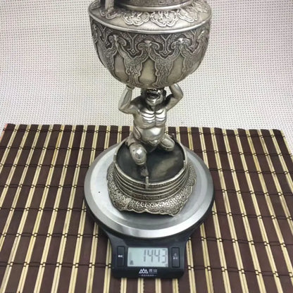 Collectible Old Handwork Silver Plate Copper Hercules Held Dragon Incense Burner
