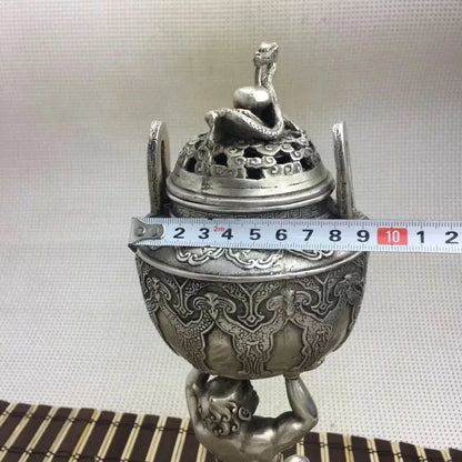 Collectible Old Handwork Silver Plate Copper Hercules Held Dragon Incense Burner