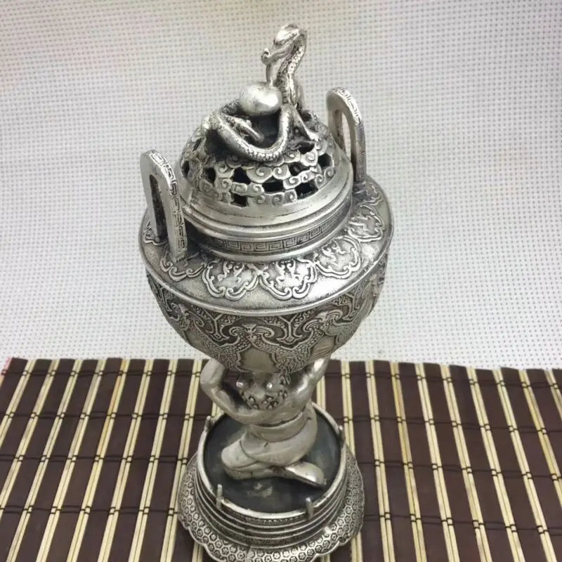 Collectible Old Handwork Silver Plate Copper Hercules Held Dragon Incense Burner