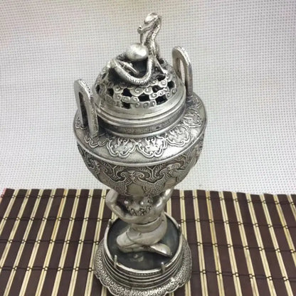 Collectible Old Handwork Silver Plate Copper Hercules Held Dragon Incense Burner