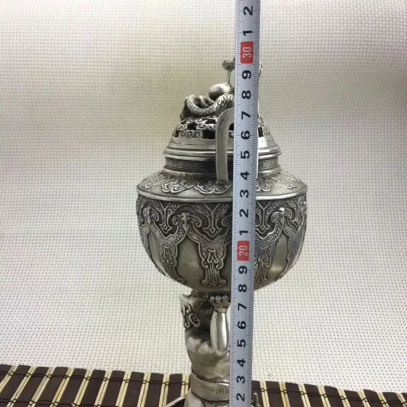 Collectible Old Handwork Silver Plate Copper Hercules Held Dragon Incense Burner
