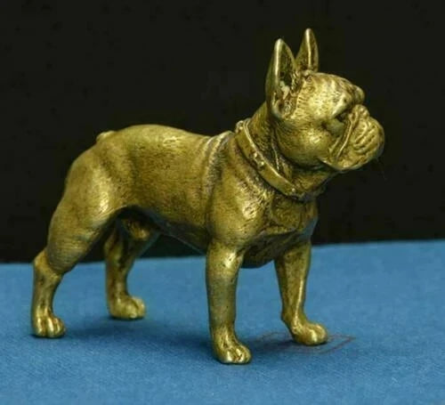 Collectible Rare Handwork Old Copper Antique Lifelike French Bulldog Statue