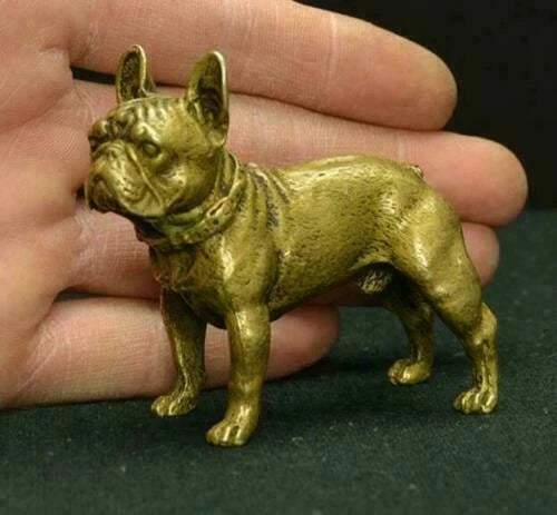 Collectible Rare Handwork Old Copper Antique Lifelike French Bulldog Statue