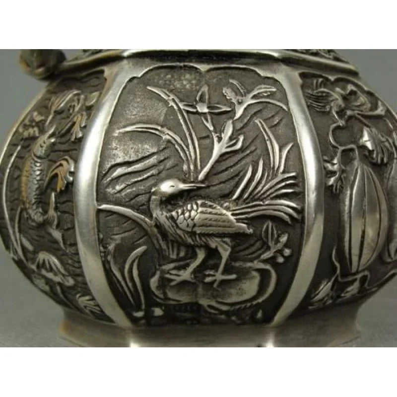 Collectible Tibetan Silver Carved the Lotus Pond Beautiful Scenery Old Teapot