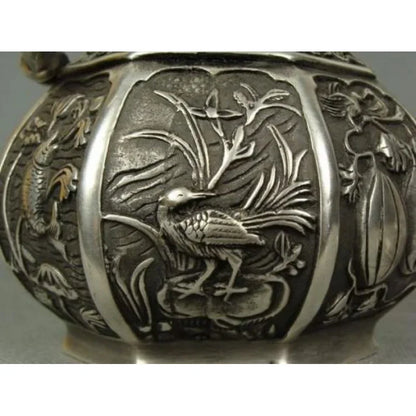 Collectible Tibetan Silver Carved the Lotus Pond Beautiful Scenery Old Teapot