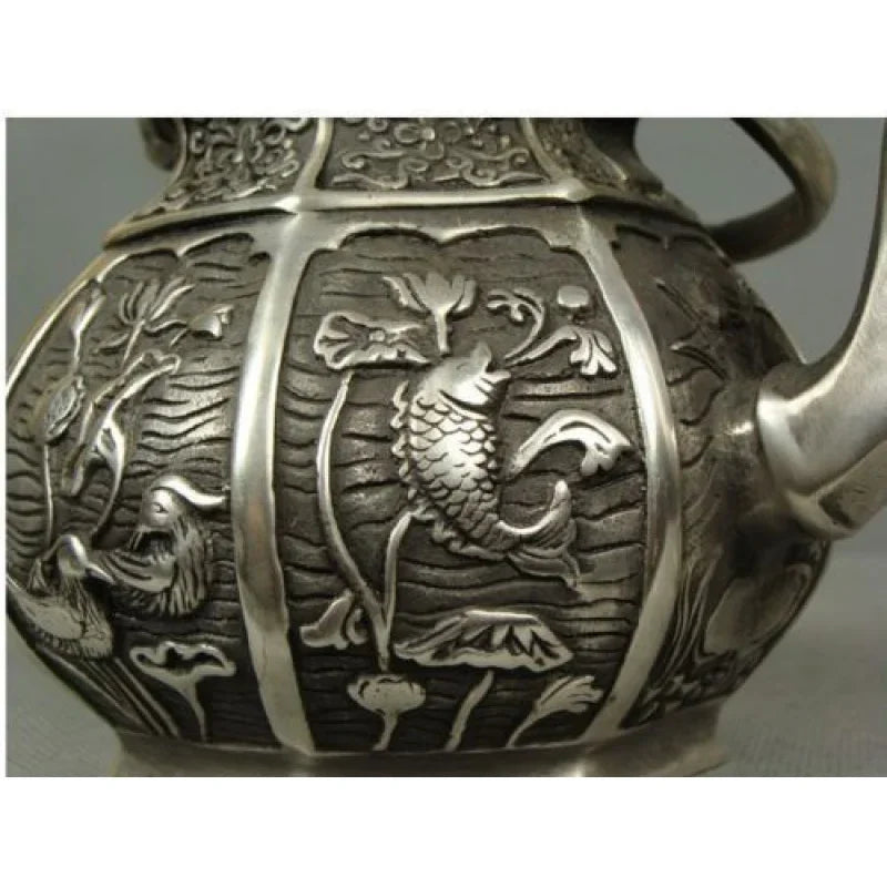 Collectible Tibetan Silver Carved the Lotus Pond Beautiful Scenery Old Teapot