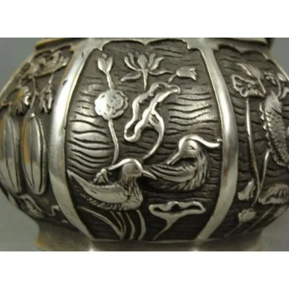 Collectible Tibetan Silver Carved the Lotus Pond Beautiful Scenery Old Teapot