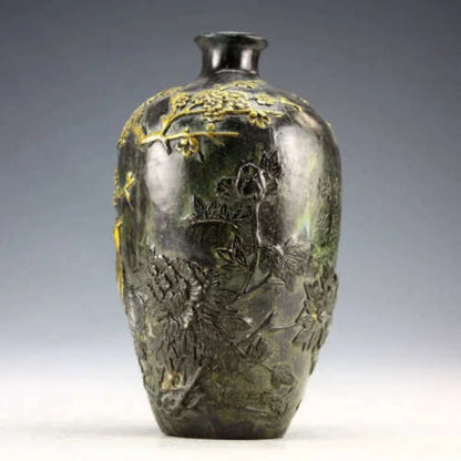 Collectible Vintage Bronze Statue Gilded Flower and Bird Vase Signature Pot 20cm