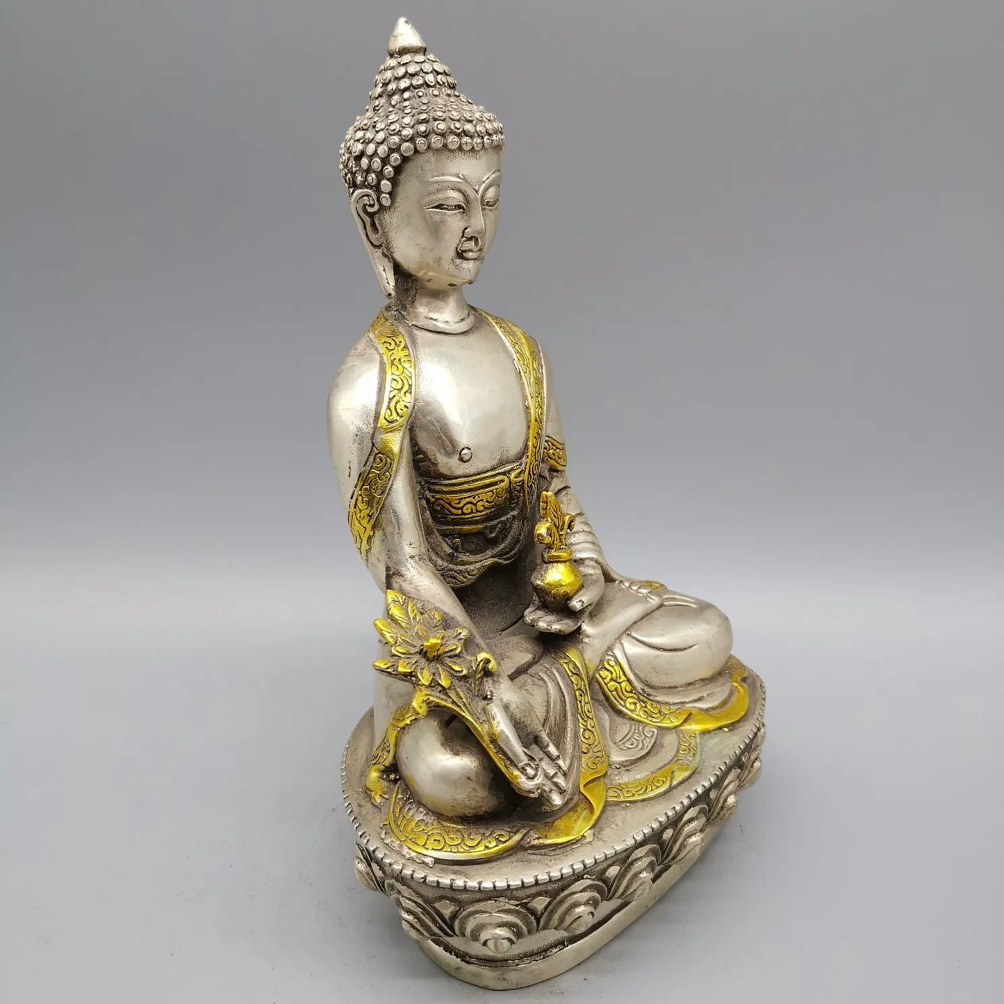 Collectibles Chinese Fengshui White Copper Carving Handicraft Medicine Buddha Pharmacist Buddha Health And Longevity Statue