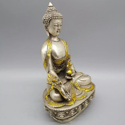 Collectibles Chinese Fengshui White Copper Carving Handicraft Medicine Buddha Pharmacist Buddha Health And Longevity Statue