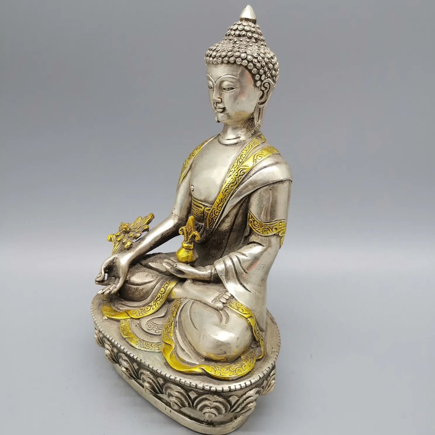 Collectibles Chinese Fengshui White Copper Carving Handicraft Medicine Buddha Pharmacist Buddha Health And Longevity Statue