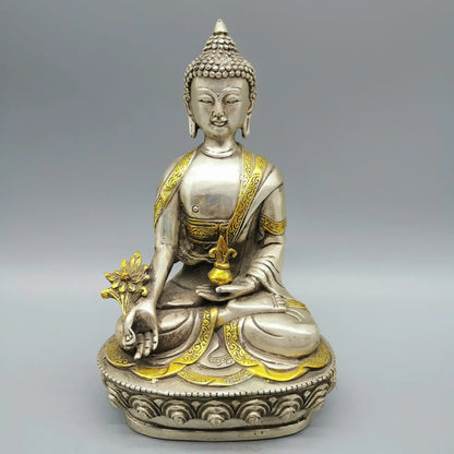 Collectibles Chinese Fengshui White Copper Carving Handicraft Medicine Buddha Pharmacist Buddha Health And Longevity Statue