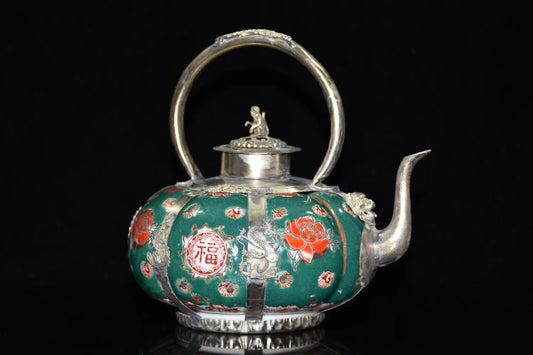 Collection China Tibet Silver Monkey Hand-carved Porcelain Teapot
