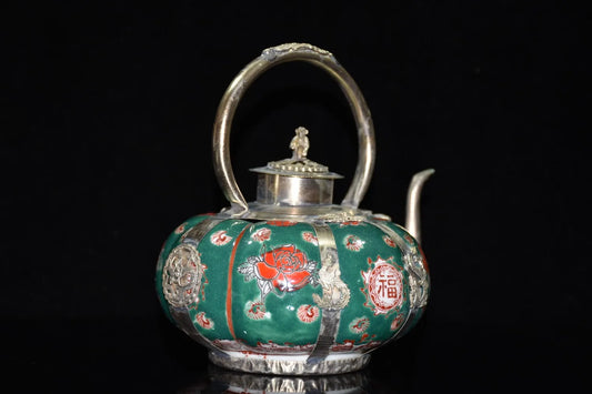 Collection China Tibet Silver Monkey Hand-carved Porcelain Teapot