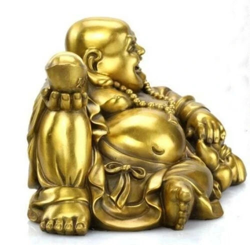 Collection Chinese Brass Carved Yuan Bao Wealth Gourd Purse Toad Happy Laugh Maitreya Buddha Statue Exquisite Small Statues
