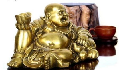 Collection Chinese Brass Carved Yuan Bao Wealth Gourd Purse Toad Happy Laugh Maitreya Buddha Statue Exquisite Small Statues