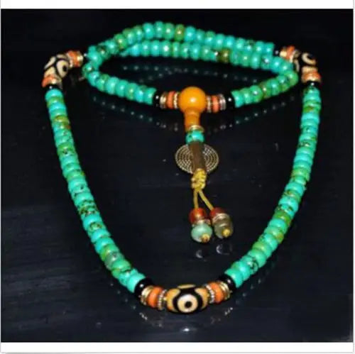 Collection Chinese Carved Tibetan Turquoise Buddhist Buddha Worry Prayer Bead Mala Necklace Exquisite Small Gift