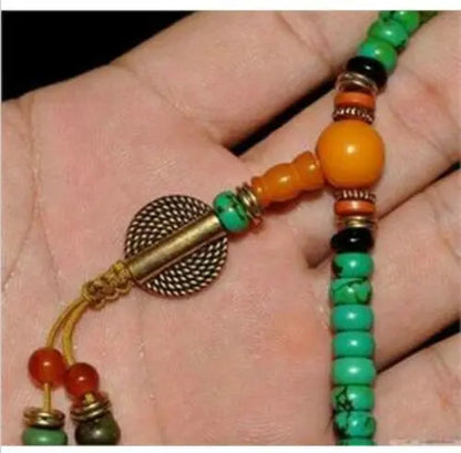 Collection Chinese Carved Tibetan Turquoise Buddhist Buddha Worry Prayer Bead Mala Necklace Exquisite Small Gift