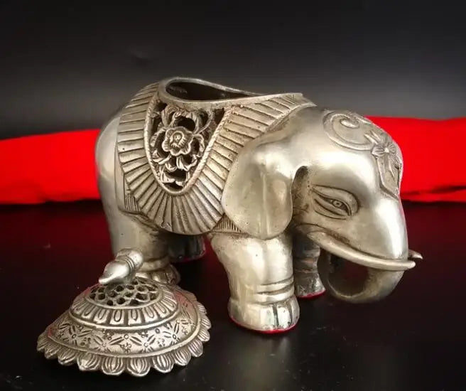 Collection Chinese Exquisite White Copper Elephant Incense Burner Censer Statues