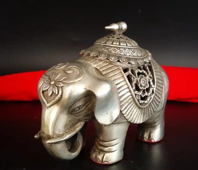 Collection Chinese Exquisite White Copper Elephant Incense Burner Censer Statues