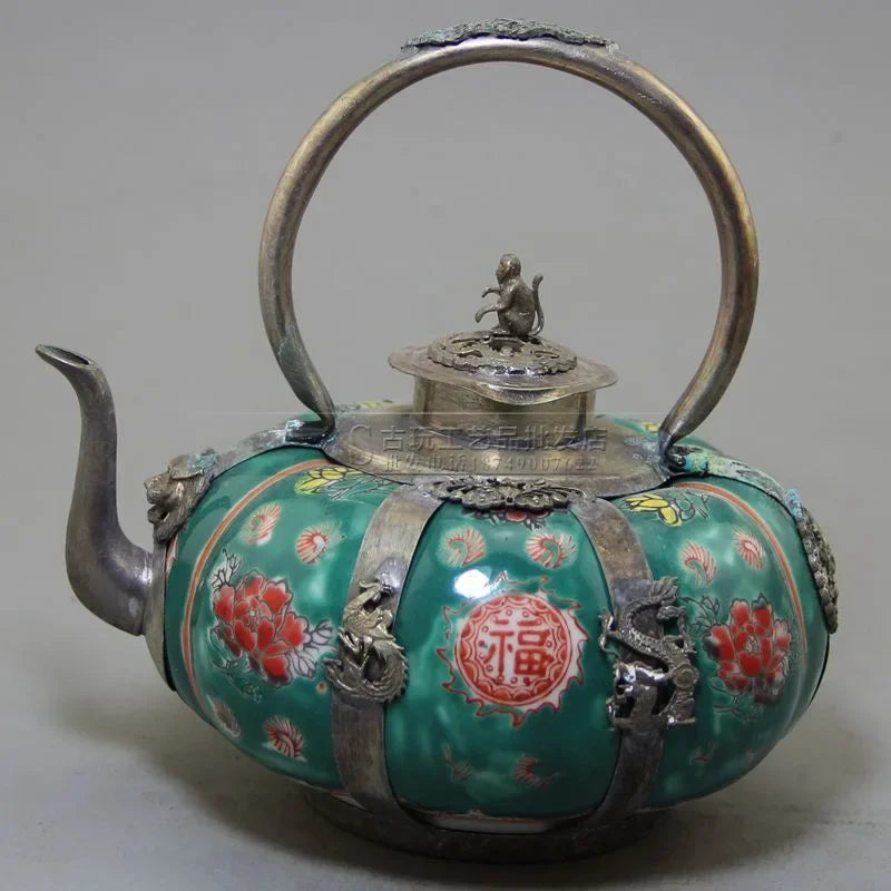 Collection Chinese Porcelain Copper Dragon and Phoenix Monkey Hand-carved Teapot Four colors