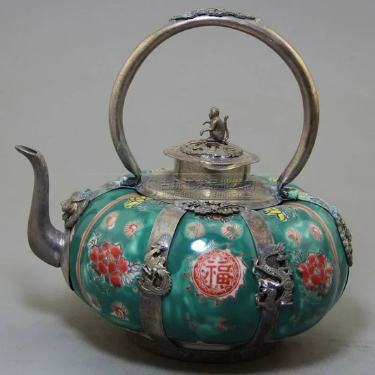 Collection Chinese Porcelain Copper Dragon and Phoenix Monkey Hand-carved Teapot Four colors