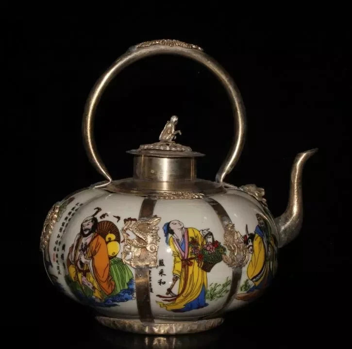 Collection Chinese Porcelain Copper Dragon and Phoenix Monkey Hand-carved Teapot Four colors