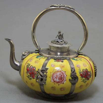 Collection Chinese Porcelain Copper Dragon and Phoenix Monkey Hand-carved Teapot Four colors