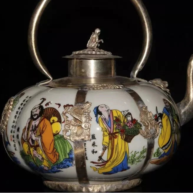 Collection Chinese Porcelain Copper Dragon and Phoenix Monkey Hand-carved Teapot Four colors