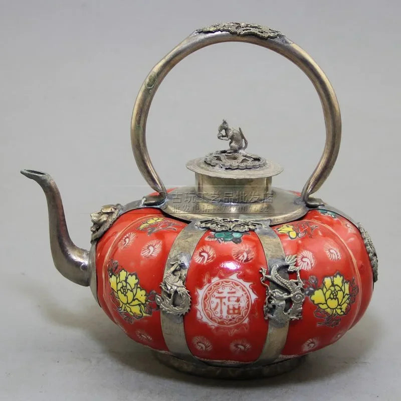 Collection Chinese Porcelain Copper Dragon and Phoenix Monkey Hand-carved Teapot Four colors