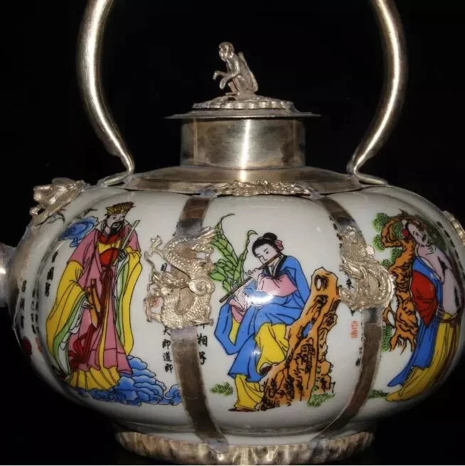 Collection Chinese Porcelain Copper Dragon and Phoenix Monkey Hand-carved Teapot Four colors